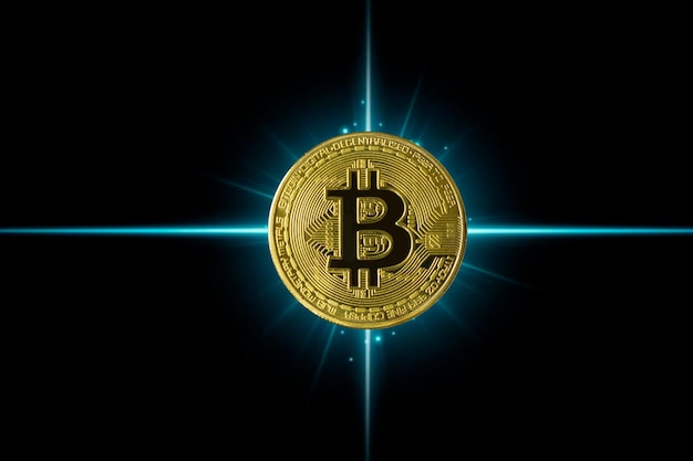 Golden coin symbolizing bitcoin cryptocurrency Black background