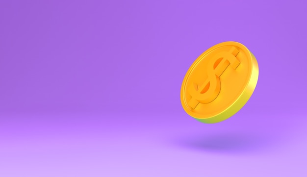 Golden coin with dollar sign minimal cartoon 3d render illustration