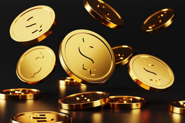 Golden coins falling on black. 3d rendering illustration