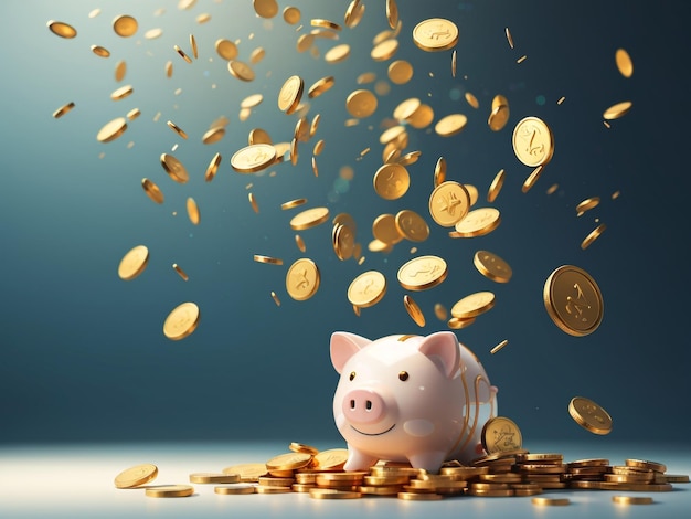 Golden Coins Flying and Floating to Piggy Bank