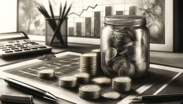 Golden Coins and Jar Artistic Charcoal Illustration of Financial Planning