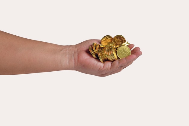 Golden coins money in hand on background