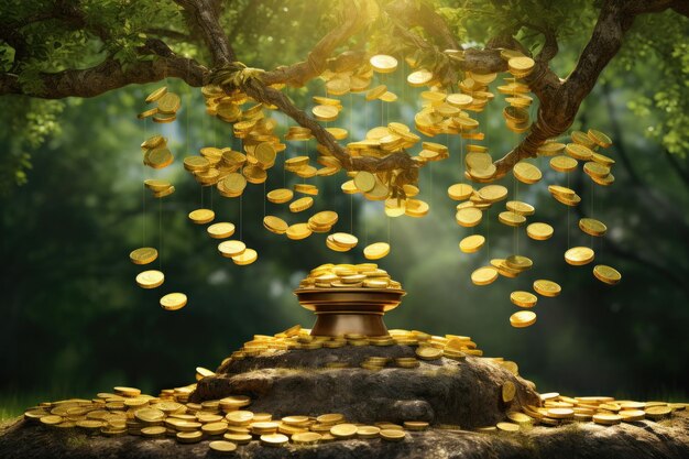 Photo golden coins raining on pot