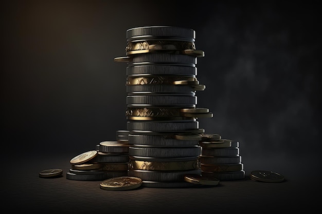 Golden coins stacked over a dark backdrop representing a financial institution