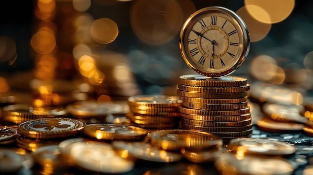 Golden coins stacked with antique clock representing wealth and time management