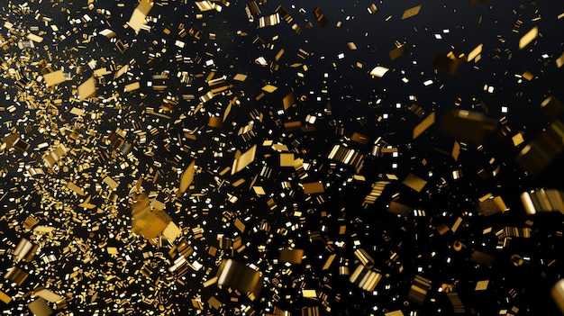 Photo golden confetti falling on black background abstract festive background