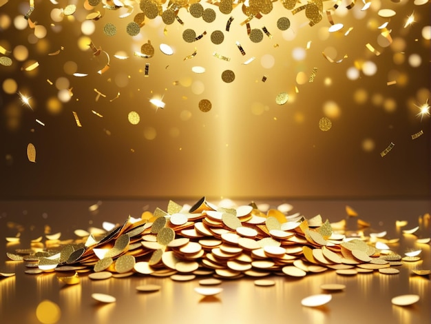 Photo golden confetti falling on gold background festive bokeh background