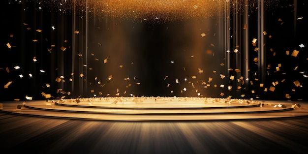 Golden Confetti Rain on Stage with Light Beam Award Ceremony Jubilee or Product Presentation