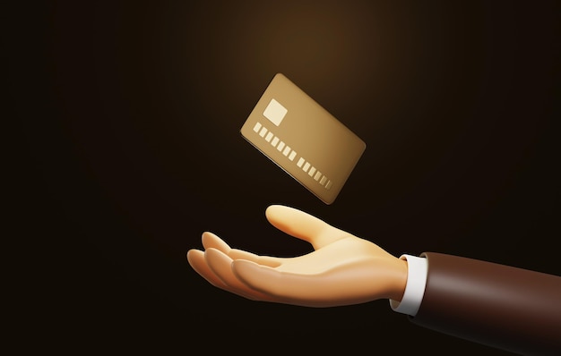 Golden credit card floating on the hand of a businessman dark brown background