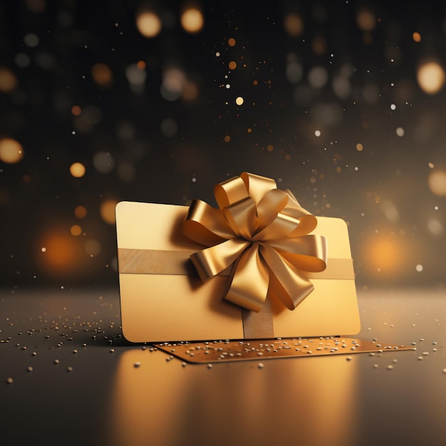 Golden credit or gift card with golden ribbon