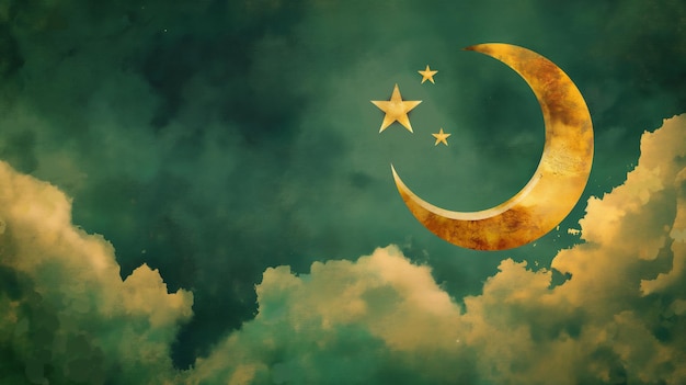 Golden crescent moon and stars on a green cloudy sky background evoking themes of night spirituality