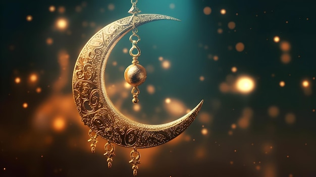 A golden crescent moon with a gold chain hanging from it.