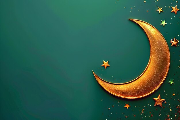 A golden crescent with stars on a green background