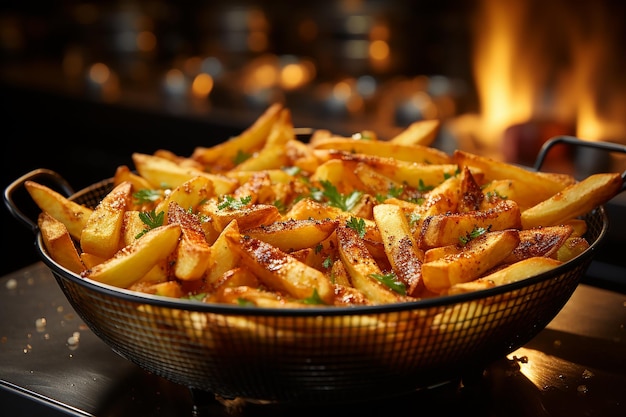 Golden Crisp French Fries in a Deep Fryer Closeup View