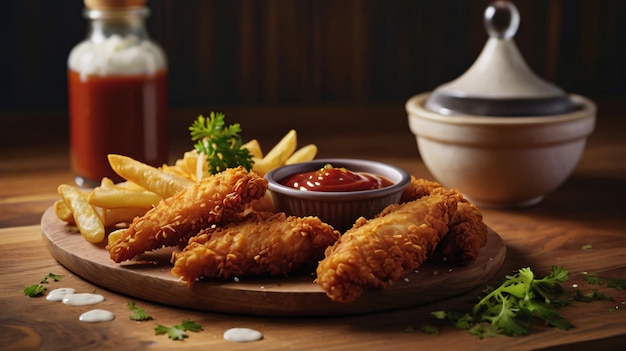 Photo golden crispy chicken tenders with perfectly seasoned french fries on a rustic wooden table