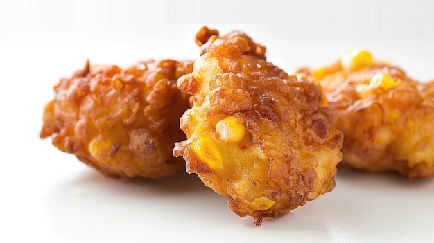 Golden crispy corn fritters with fluffy interior on white surface