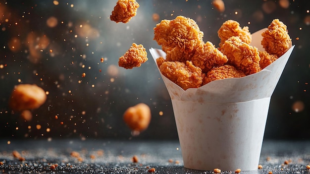 Photo golden crispy fried chicken pieces bursting from a bucket