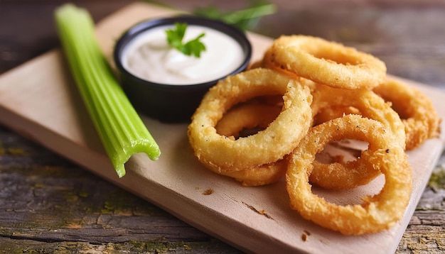 Photo golden crispy onion rings small bowl of creamy dip green celery delicious meal tasty fast food