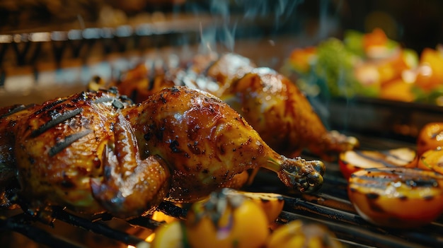 Golden crispy rotisserie chicken being grilled with summer side dishes