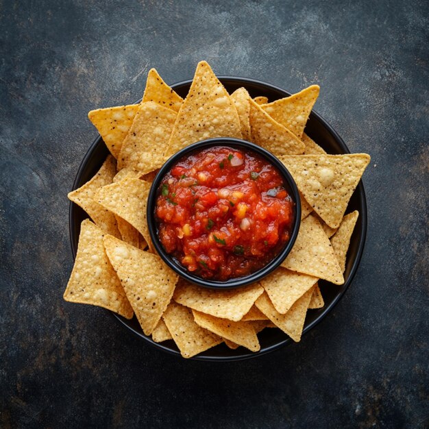 Golden crispy tortilla chips paired with a zesty salsa