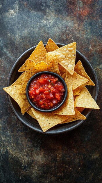 Golden crispy tortilla chips paired with a zesty salsa