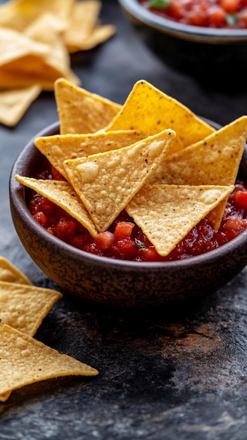 Golden crispy tortilla chips paired with a zesty salsa