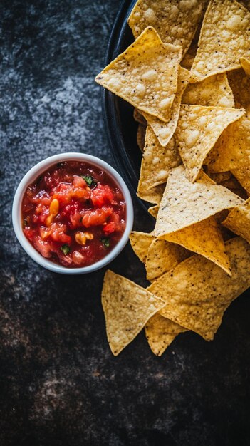 Golden crispy tortilla chips paired with a zesty salsa