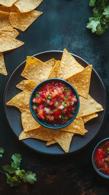 Golden crispy tortilla chips paired with a zesty salsa