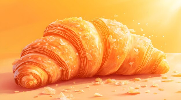 A Golden Croissant with Flakes of Sugar on an Orange Background