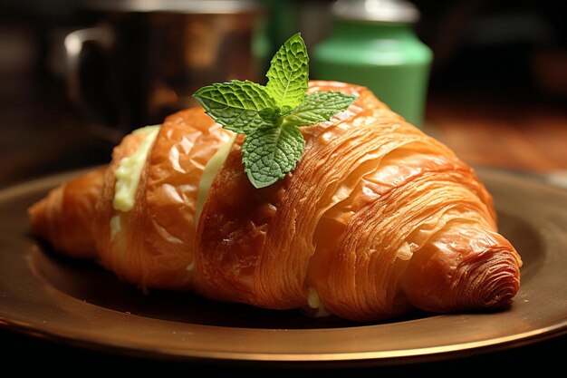 Golden Croissant with a Touch of Fresh Mint yummy delicious croissant food image photography