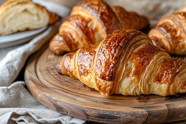 Golden Croissants on Wooden Platter Closeup Freshly baked golden croissants served on a rustic wooden platter highlighting the flaky texture and glossy finish