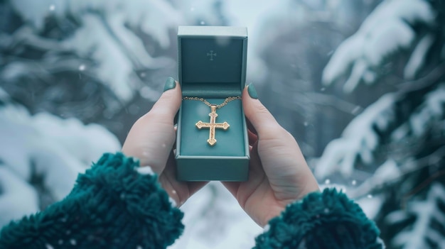 Golden Cross Necklace in a Green Box Against a Snowy Background