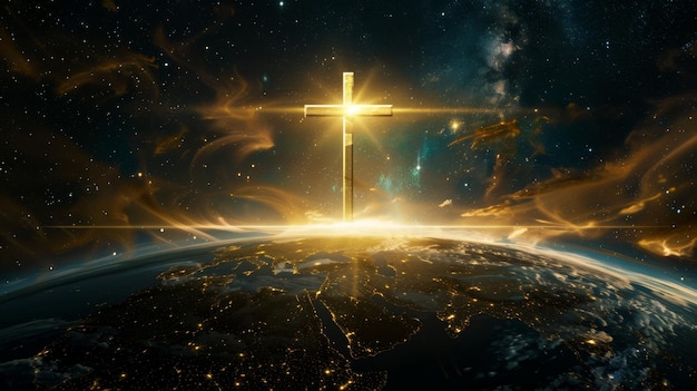 A golden cross stands tall on a glowing earth surrounded by a starry night sky symbolizing fa