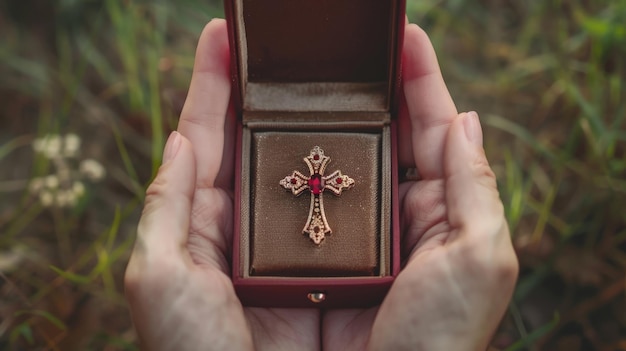 Golden Cross with Red Gemstone in a Velvet Box