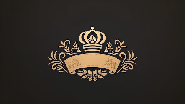 A golden crown with a banner and floral elements on a black background