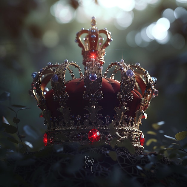 Photo golden crown with red gemstones resting in a forest setting