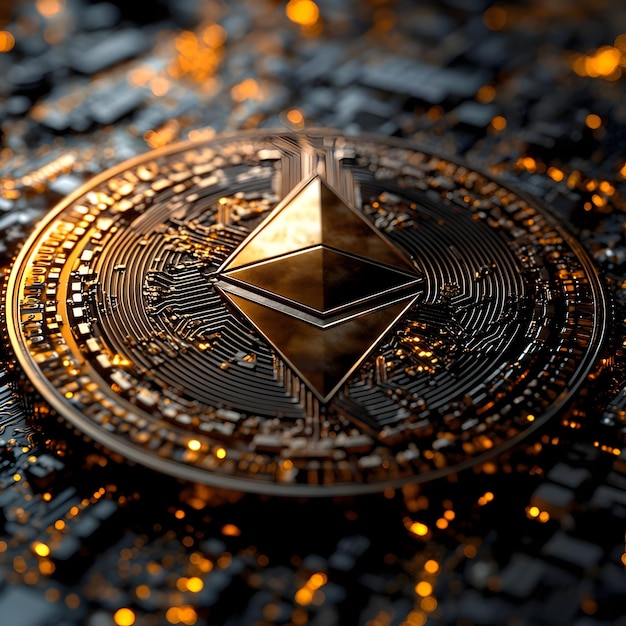 Golden Cryptocurrency Symbol on Circuit Board 3D Illustration