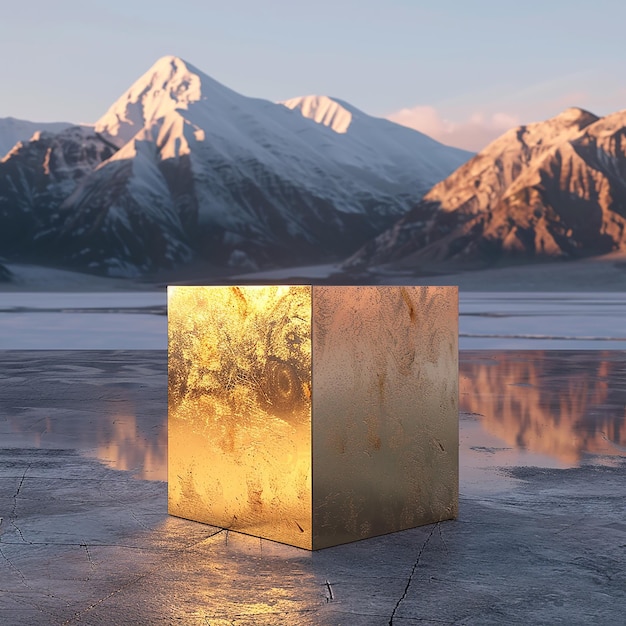 a golden cube with the mountains in the background