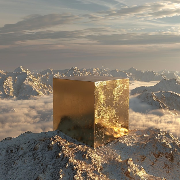 a golden cube with the mountains in the background