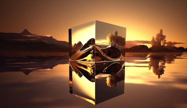 A golden cube with mountains in the background