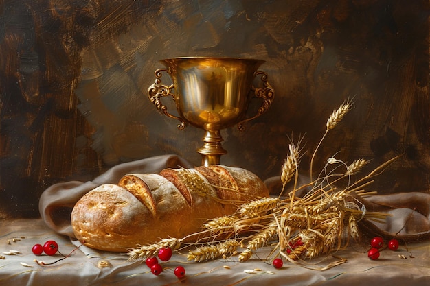 a golden cup and bread