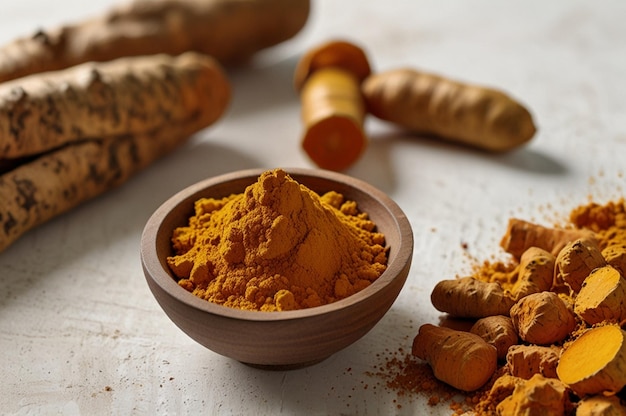 Golden curcumin powder and fresh turmeric roots elegantly arranged on a weathered wooden surface