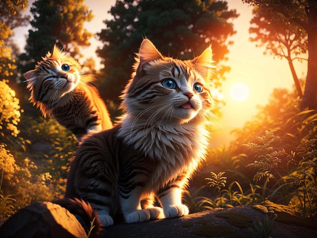 golden cute cat enjoying outdoors at a large grass field forest at sunset