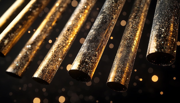 Golden Cylinders with Glitter and Bokeh Lights