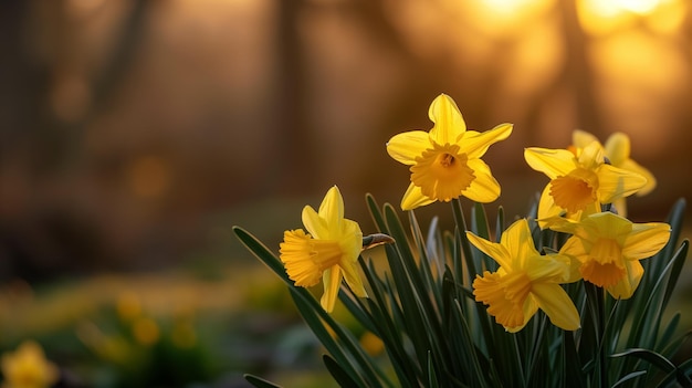 Golden daffodils blooming against a sunsetlit backdrop