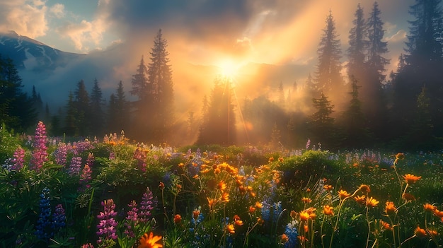 Golden Dawn Magical Sunrise Over an Oldgrowth Pine Forest and Wildflower Meadow