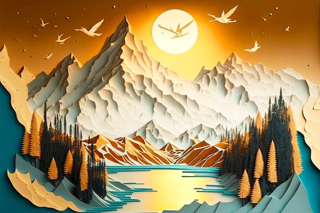 Golden dawn in mountains paper winter landscape