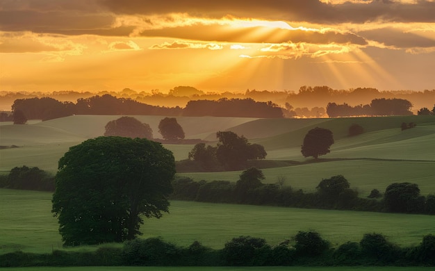 Golden Dawn Sun Rays Bathe a Rural Landscape in Warmth