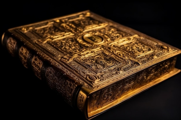 Golden decorated ancient and holy book on black background generative ai