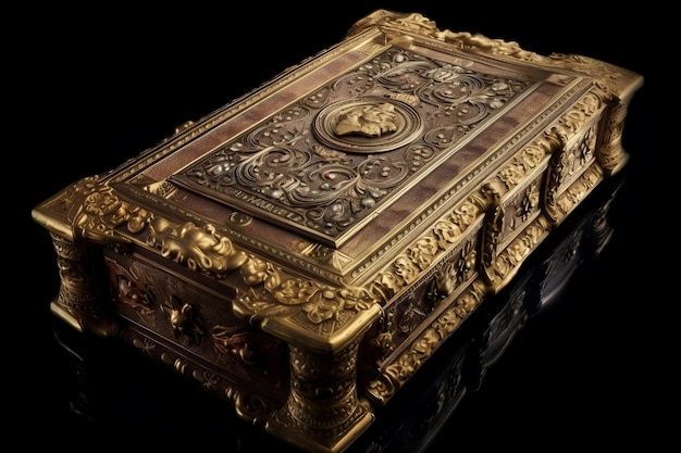 Golden decorated ancient and holy book on black background generative ai